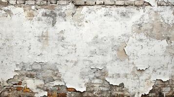 Old Deteriorating White Plaster Wall with Exposed Brick and Masonry. Vintage Urban Architectural Background photo