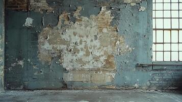 Rustic Industrial Wall with Faded Blue Paint, Exposed Brick, and a Large Window Featuring Weathered Panes photo