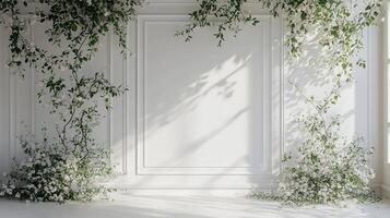Elegant White Wedding Backdrop with Classic Wall Molding and Cascading Greenery and White Blossoms photo