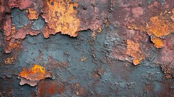 Close-Up Texture of Rusted Industrial Surface with Flaking Orange Paint and Weathered Blue Base Layer photo