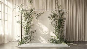 Modern Minimalist Wedding Backdrop with Metal Frame and Cascading Green Vines in Soft Natural Light photo