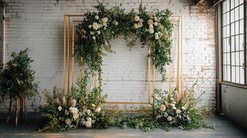 Rustic Industrial Wedding Backdrop with Gold Geometric Frame and Wildflower-Inspired Floral Arrangements Against a White Brick Wall photo
