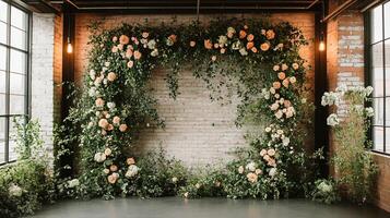 Elegant Indoor Wedding Backdrop with Lush Greenery and Peach Roses Framing a Whitewashed Brick Wall in an Industrial Loft Setting photo