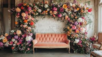 Bridal Photo Setting with Classic Blush Upholstered Sofa Surrounded by Lavish Fresh Flower Installation with Premium Seasonal Blooms in Pink, Peach, and White Against Rustic Interior Backdrop