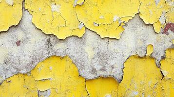 Detailed Surface of Cracked Yellow Wall Paint with Flaking Layers on Rough Concrete Background photo