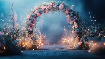 Whimsical Wedding Arch with Soft Pastel Flowers and Fairy Lights in a Dreamy Misty Forest Setting photo