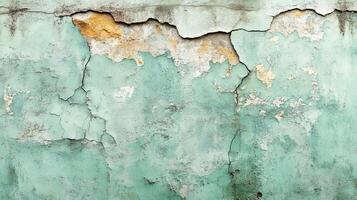 Deteriorating Turquoise Wall Surface with Cracked Paint and Exposed Underlying Layers photo