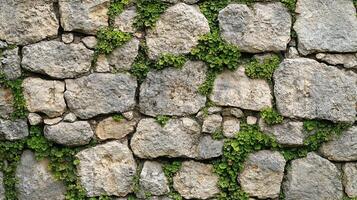 Old Rustic Stone Wall with Green Creeping Plants Growing in the Cracks photo