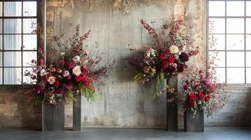 Elegant Urban Floral Installation with Lush Red and Blush Blooms Against a Weathered Concrete Wall photo