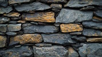 Traditional Dry-Stacked Slate Stone Wall with Natural Contrast of Dark Gray and Golden Rust Mineral Deposits photo