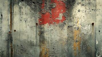 Industrial Concrete Wall with Vibrant Red Paint Splash and Rusty Streaks Creating Abstract Textural Background for Urban and Grunge Design Concepts photo