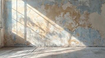 Sunlight Casting Shadows on a Weathered Wall with Peeling Paint and Cracked Plaster in an Abandoned Room photo