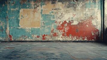 Old Grunge Wall with Peeling Multicolored Paint and Subtle Graffiti Marks in an Abandoned Industrial Building photo