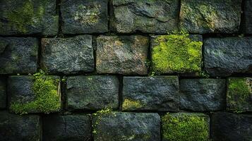 Weathered Medieval Stone Masonry with Bright Emerald Moss Patches Highlighting Architectural Details and Nature's Reclamation Process photo