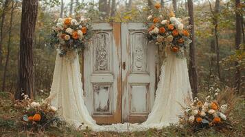 Enchanted Forest Wedding Backdrop with Vintage Distressed Double Doors, Orange and Cream Rose Arrangements, and Flowing Lace Drapery in Misty Autumn Woodland Setting photo