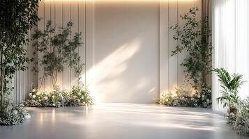 Minimalist Modern Wedding Backdrop with Elegant White Floral Arrangements and Soft Natural Lighting in a Bright Indoor Venue photo