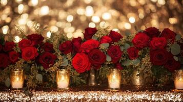 Romantic Table Centerpiece with Red Roses, Gold Sequin Tablecloth, and Candlelight Against Sparkling Bokeh Background photo