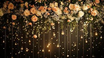 Dramatic Wedding Stage with Suspended Bulbs and Cascading Garden Roses in Golden Ambient Lighting photo