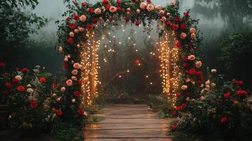 Romantic Outdoor Wedding Venue Featuring Illuminated Floral Arch with Red and Blush Roses, Wooden Boardwalk and Atmospheric Fog at Dawn photo