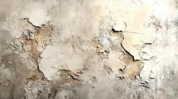 Old Decayed Concrete Surface with Cracked and Flaking Plaster Layers in Warm Beige and Gray Tones photo