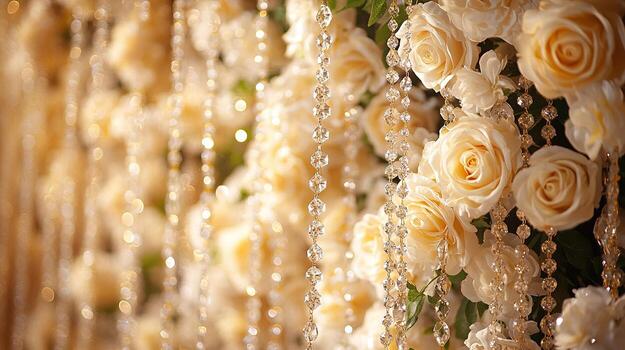 lujoso Boda fondo con crema rosas y colgando cristal hebras en suave dorado Encendiendo foto