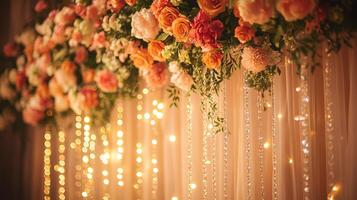 Romantic Floral Wedding Decoration Featuring Hanging Roses, Peonies, Crystal Beads, and Ambient Lighting in a Soft Golden Glow photo