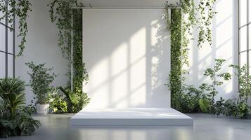 Modern Minimalist Photo Backdrop with Elevated White Platform Surrounded by Lush Indoor Greenery and Natural Light