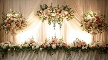 Sophisticated Bridal Table Setting with Cascading Greenery, Blush Pink Roses and White Hydrangeas Against Illuminated Ivory Fabric Backdrop photo