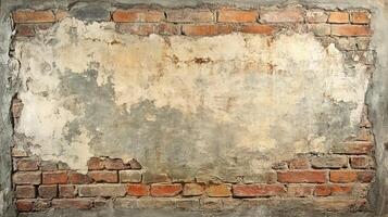Aged and Rustic Wall Texture with Peeling Layers of Paint, Rough Plaster, and Broken Brick Surface photo