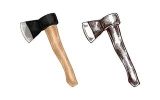 Hand drawn colored and black vintage sketch of forest axe with wooden handle, realistic camping and lumberjack tool vector