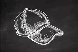 Hand drawn vintage sketch of baseball cap with curved visor in white chalk style, on chalkboard background vector
