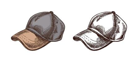Hand drawn vintage colored and black sketch of baseball cap with visor in engraving style vector