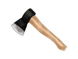 Hand drawn vintage colored sketch of forest axe with wooden handle, realistic camping and lumberjack tool vector