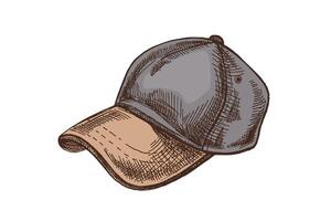 Hand drawn vintage colored sketch of baseball cap with visor in engraving style vector