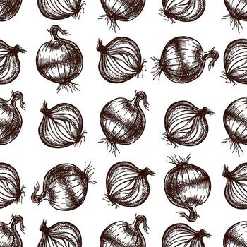 Seamless pattern with hand drawn onions in vintage engraved sketch style vector