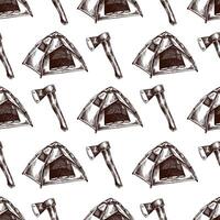 Seamless pattern with hand drawn camping tents and axes in vintage sketch style vector