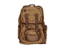 Hand drawn vintage colored sketch of a travel backpack with straps and pockets vector