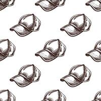 Hand drawn seamless pattern with vintage baseball caps in engraving sketch style vector