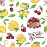 Hand-drawn seamless pattern with vintage cherry, lemon and blossom flowers in sketch style, colorful illustration vector