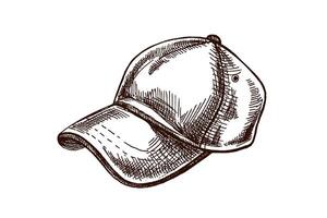 Hand drawn vintage sketch of baseball cap with visor in engraving style, isolated illustration vector