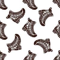 Seamless vintage pattern of hiking boots in hand drawn engraved style vector