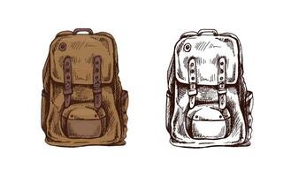 Hand drawn colored and black vintage sketch of a travel backpack with straps and pockets vector