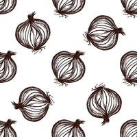 Engraved sketch style seamless pattern of onion bulbs in vintage brown ink vector