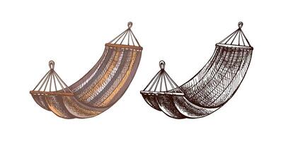 Hand drawn vintage colored and black sketch of a hanging hammock, isolated black and white illustration for camping and relaxation design vector