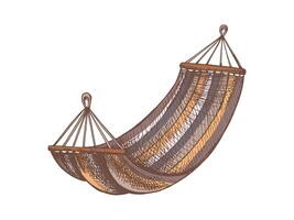 Hand drawn vintage colored sketch of a hanging hammock, isolated black and white illustration for camping and relaxation design vector
