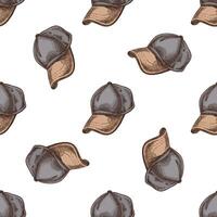 Hand drawn colored seamless pattern with vintage baseball caps in sketch style vector