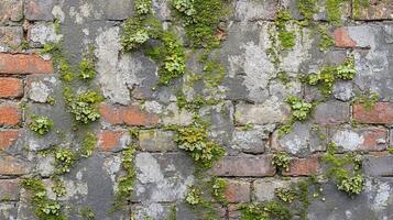 Textured Aged Brick Surface with Green Moss Patches and Lichen Growth photo