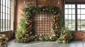 Luxury Floral Installation with Metal Grid Frame and Lush Greenery Featuring Coral and Peach Roses in Industrial Loft Space with Large Windows photo