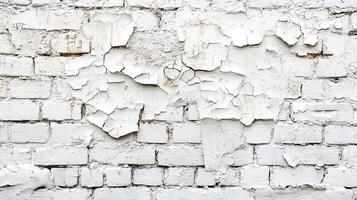 Cracked and Flaking Whitewashed Brick Wall Surface with Exposed Rough Texture and Age Marks photo