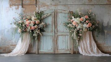 Vintage Industrial Wedding Photography Backdrop with Mint Green Distressed Double Doors, Peach and Cream Floral Arrangements, Cascading Lace Drapery Against Exposed Brick Wall in Loft Setting photo